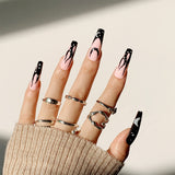 24pcs/Set Extra long Black Flame Ballerina False Nails Rhinestone Bow Star Wearable French Coffin Fake Nails Press On Nails