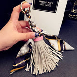 Back to School Leather Tassel Satin Silk Scarves Keychain Bowknot Scarf Pendant Car Purse Bag Keyring Holder Handbag Key Ring Chains Girls