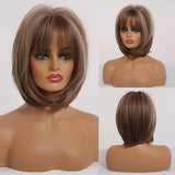 Back to School Short Straight Ombre Brown Blonde Bob Wig With Bangs Synthetic Hair Wig For Women Cosplay Lolita Heat Resistant Fiber