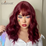 Xpoko EASIHAIR Medium Water Wave Synthetic Wigs With Bangs Wine Red Bob Curly Hair Wigs For Women Heat Resistant Fiber Daily Cosplay