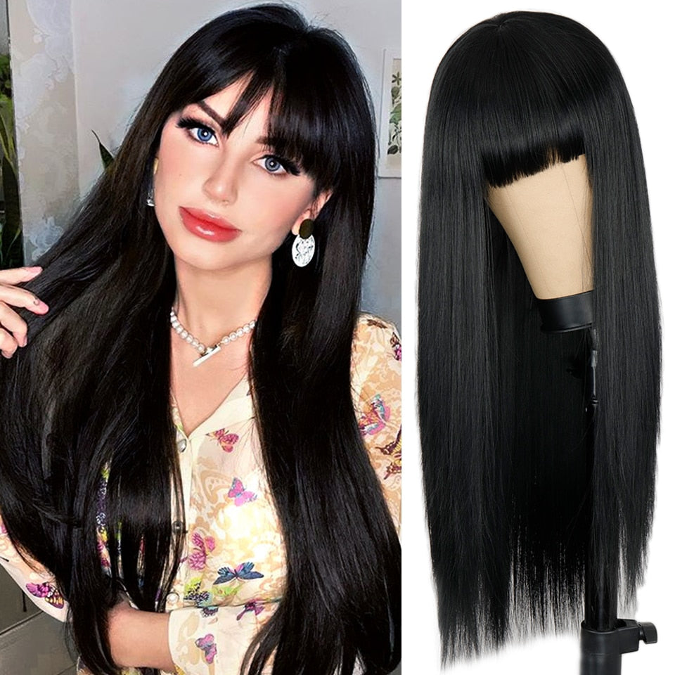 Xpoko Wigs Long Black Straight Wig With Bangs For Women Natural Hair Heat Resistant Hair Black Wig For Women