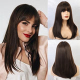 Medium Straight Bob Synthetic Wigs with Bangs Ombre Black Dark Brown Honey Highlight Wigs for Women Heat Resistant Hair