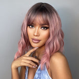 GEMMA Ombre Black Pink Medium Wavy Synthetic Wig with Bangs for Black Women Natural Bob Lolita Wigs Cosplay Heat Resistant Hair