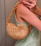 Back to school Fashion Thick Chains Rattan Conch Women Shoulder Bags Design Wicker Woven Handbags Luxury Summer Beach Straw Bag Bali Purse 2023