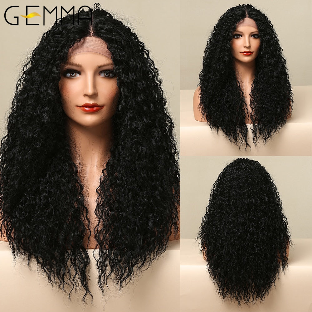 Long Deep Kinky Curly Lace Front Synthetic Wig For Black Women Afro Cosplay Party Daily Natural Middle Part Black Lace Wig