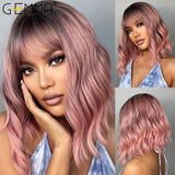 GEMMA Ombre Black Pink Medium Wavy Synthetic Wig with Bangs for Black Women Natural Bob Lolita Wigs Cosplay Heat Resistant Hair