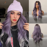 Xpoko EASIHAIR Ombre Brown Mixed Purple Blonde Long Synthetic Wave Wigs For Women Heat Resistant Colorful Fiber Cosplay Lolita Wigs