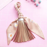 Back to School Leather Tassel Satin Silk Scarves Keychain Bowknot Scarf Pendant Car Purse Bag Keyring Holder Handbag Key Ring Chains Girls