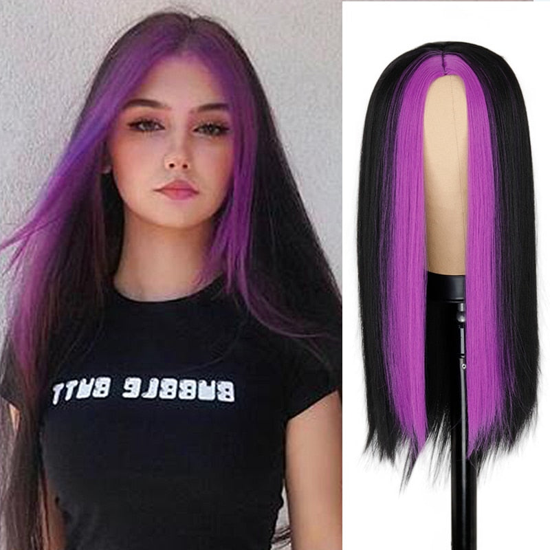 Xpoko Wig Fashion Long Black Straight Hair Wig Highlighting Green Hair For Girls With Cosplay Wig
