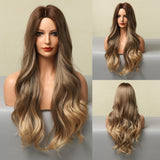 Long Water Wave Synthetic Wig For Women Ombre Brown Blonde Wig Natural Middle Part Cosplay Party Hair Heat Resistant Fiber