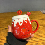 Xpoko Strawberry Coffee Mug Cup Lovely Ceramic Mug With Lid Spoon Creative Milk Coffee Cup Kitchen Drinkware Mugs Girls Water Cups