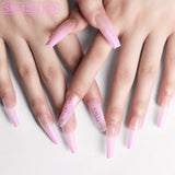 Xpoko Luxury 24PCS Set Full Cover Acrylic Coffin Long Fake Press On Nails With Designs With Adhesive Tabs Fingernail False Pink