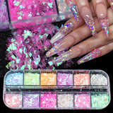 6Grids Opal Flakes Holographic Pink Purple Iridescent Sequins Nail Art Decoration UV Gel Sparkly Glitter Chunky Paillettes GLOB