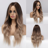 Long Water Wave Synthetic Wig For Women Ombre Brown Blonde Wig Natural Middle Part Cosplay Party Hair Heat Resistant Fiber