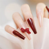 24pcs Rose Pattern Red Wine False Nail Fake Nails Coffin Glossy Press On Nails False Girls Ballerina full cover Fingernails Tips