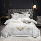 White Satin Cotton Bedding Set Luxury Royal Gold Embroidery Flat/Fitted Sheet Pillowcases Home Textiles Solid Color Bedclothes