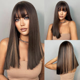 Dark Brown BoBo Synthetic Wig with Bangs Shoulder Length Straight Wig for Women Cosplay Daily Hair Wig Heat Resistant Fibr