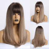 Medium Straight Bob Synthetic Wigs with Bangs Ombre Black Dark Brown Honey Highlight Wigs for Women Heat Resistant Hair