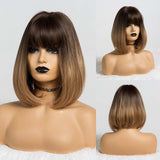 Short Bob Straight Synthetic Wigs with Bangs Ombre Brown Blonde Wig for Women Afro Wigs Cosplay Party Daily Heat Resistant