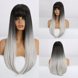 Long Straight Synthetic Wigs Ombre Brown Gray Wig with Bangs for Women Cosplay Lolita Daily Party Heat Resistant Fiber