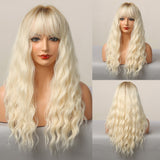 Long Water Wavy Synthetic Wigs with Bangs Natural Wave Dark Brown Cosplay Hair Wig for Women African Heat Resistant Fiber