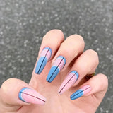 24pcs Blue Waves Printed False Nail Patch Glue Type Removable Long Paragraph Fashion Manicure Coffin Fake Nail Ballerina Art