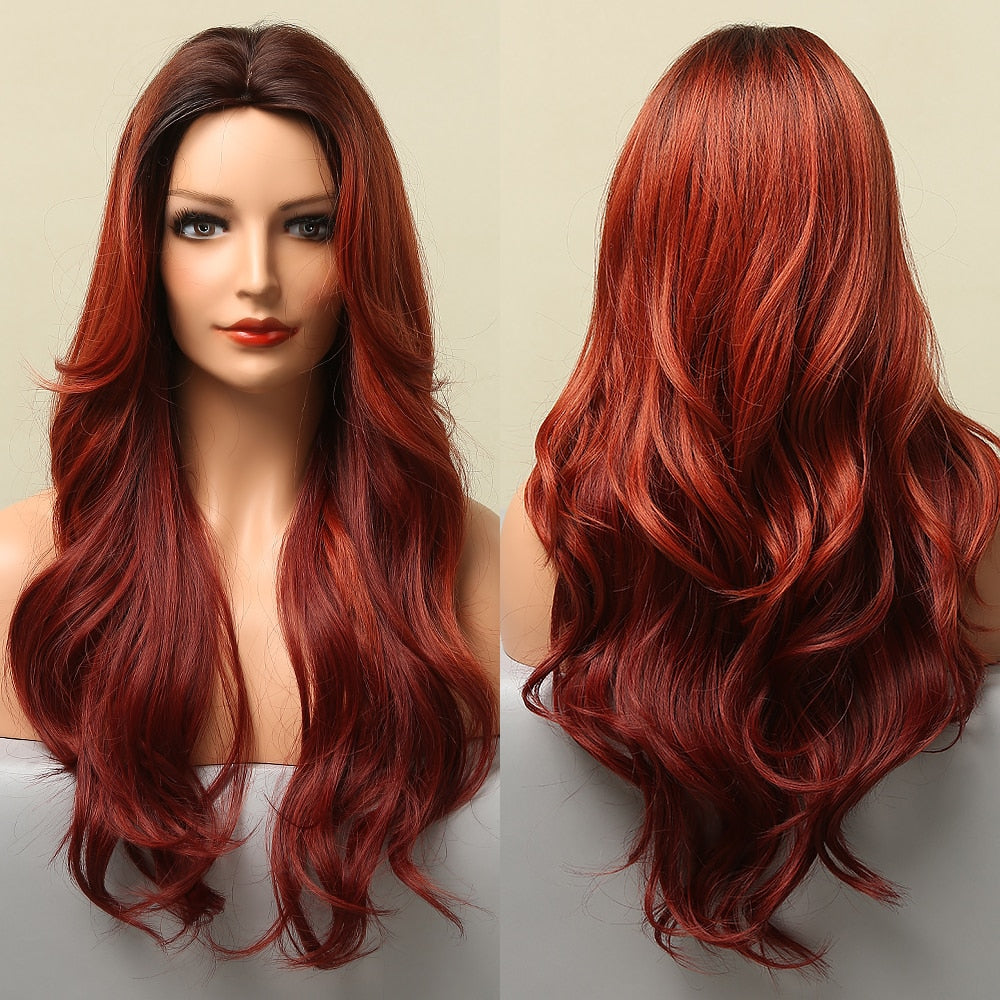 Xpoko Long Red Copper Wavy Synthetic Wig Middle Parted Ginger Wigs For Black Women Afro Cosplay Party Hair Wig Heat Resistant