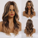 Back to School Medium Long Water Wave Ombre Black Brown Synthetic Wigs Natural Middle Part Heat Resistant Hair Wigs For Black Women