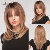 Medium Straight Bob Synthetic Wigs with Bangs Ombre Black Dark Brown Honey Highlight Wigs for Women Heat Resistant Hair