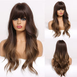 Ombre Brown Blonde Long Straight Synthetic Wigs with Bangs Cosplay Wig for Women High Temperature Natural Fake Hair