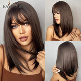 Xpoko EASIHAIR Shoulder Length Bobo Synthetic Wig With Bang Ombre Mixed Brown Blonde Wigs For Women Heat Resistant Hair Natural Soft