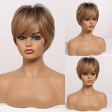 GEMMA Light Brown Blond Highlight Wig with Bangs Short Straight Side Part Synthetic Wigs Women Heat Resistant Natural Daily Hair