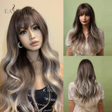 Xpoko EASIHAIR Ombre Gray Ash Wavy Wigs With Bang Light Blonde Platinum Synthetic Long Hair For Women Daily Party Heat Resistant Fiber