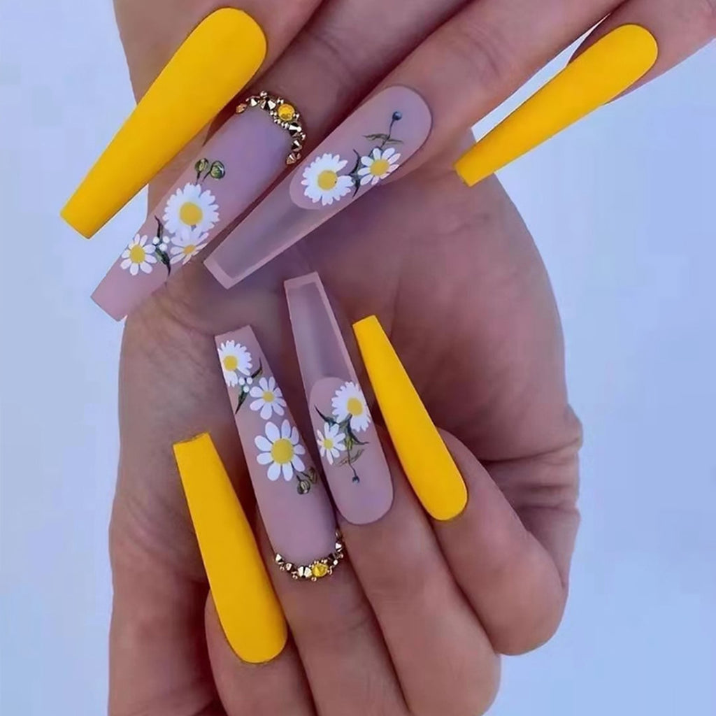 Xpoko 24Pcs Extra Long Coffin False Nails Yellow Flower Designs Rhinestone Ballerina Fake Nails Full Cover Nail Tips Press On Nails