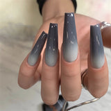 Reusable Glossy Ombre Gray Long Coffin Acrylic 24pcs Set with Glue Press on Fake Nails JP905