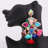 Xpoko Boho India Earrings For Women Flower Tassel Earrings Big Rhinestones Pendant Crystal Statement Earrings Fashion Jewelry Gifts