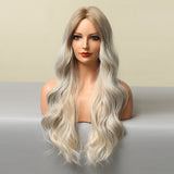 Long Water Wave Synthetic Wig For Women Ombre Brown Blonde Wig Natural Middle Part Cosplay Party Hair Heat Resistant Fiber