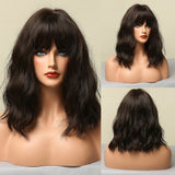 Xpoko EASIHAIR Shoulder Length Synthetic Wave Wig With Bang Dark Brown Wavy Curly Hair Wigs For Women Heat Resistant Daily Cosplay