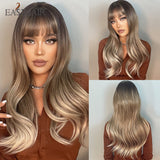 Xpoko EASIHAIR Ombre Gray Ash Wavy Wigs With Bang Light Blonde Platinum Synthetic Long Hair For Women Daily Party Heat Resistant Fiber