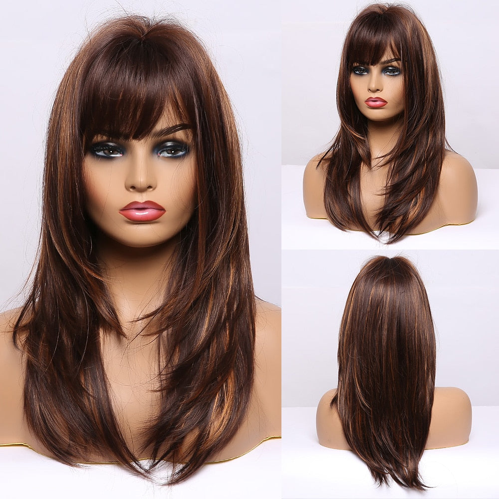 Synthetic Medium Wavy Natural Wigs With Bangs For Black Womens African American Ombre Black Brown Cosplay Party False Hair