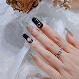 24pc Fake Nails Long Black Small Flower Wave Dot Butterfly Nail Stickers Manicure Patch Wearable Coffin False Nail With Glue