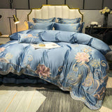 Solid Color Floral Embroidery Bedding Bed Skirt Set Blue Cotton Satin Duvet Cover Bed Sheet Bedspread Pillowcases Home Textile