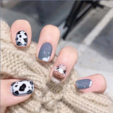 24pc Fake Nails Cow Pattern Short Wear-Resistant Nail Stickers Finished Manicure Patch Coffin False Nail With Glue Ballerina Art