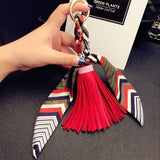 Back to School Leather Tassel Satin Silk Scarves Keychain Bowknot Scarf Pendant Car Purse Bag Keyring Holder Handbag Key Ring Chains Girls