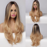 Long Water Wave Synthetic Wig For Women Ombre Brown Blonde Wig Natural Middle Part Cosplay Party Hair Heat Resistant Fiber