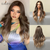 Xpoko EASIHAIR Ombre Brown Mixed Purple Blonde Long Synthetic Wave Wigs For Women Heat Resistant Colorful Fiber Cosplay Lolita Wigs