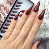 Black Midi Press On Nails Stiletto Artificial Fake Nails With Glue Sticker Halloween Shiny Full Cover Tips Faux Ongle Court