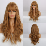 Dark Brown Long Deep Wave Wig With Bangs For Women African American Heat Resistant Natural Cosplay Party Synthetic Wigs