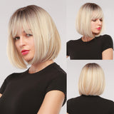 Synthetic Short Straight BOb Wigs with Bangs for Women Girls Natural Ombre Black Brown False Hair Heat Resistant Fiber