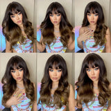 Long Water Wavy Synthetic Wigs with Bangs Ombre Dark Brown Cosplay Hair Wig for Women African Heat Resistant Fiber Wig